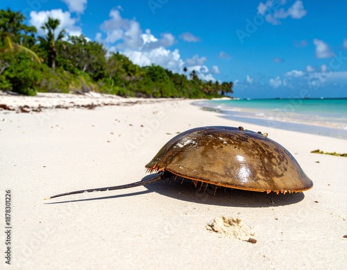 Wallpaper Mural Horseshoe Crab on Sandy Beach with Ocean and Greenery in Background. Torontodigital.ca
