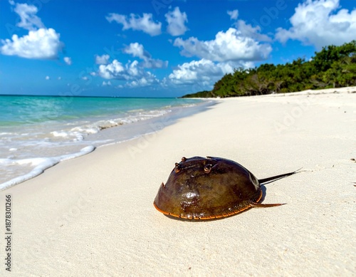 Wallpaper Mural Horseshoe Crab Resting on a Sandy Beach with Turquoise Ocean and Blue Sky. Torontodigital.ca