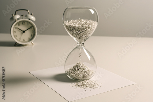 Shredded paper flows through an hourglass, symbolizing time lost to discarded ideas and looming deadlines.