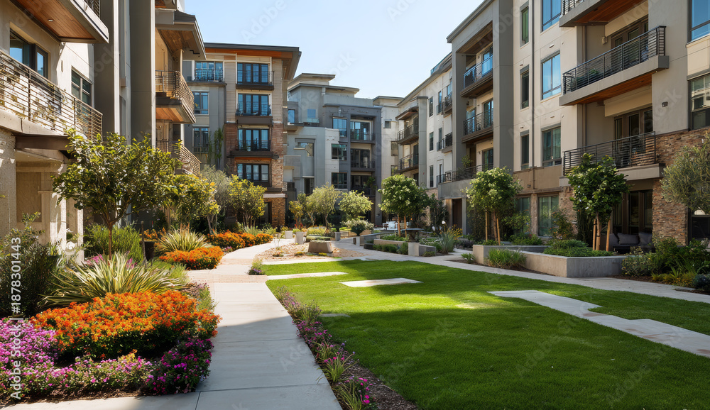 Fototapeta premium Modern front yard landscape design with lush green lawn, colorful flower beds, and small trees in a residential apartment complex