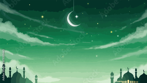 A serene night sky with crescent moon over mosque silhouettes