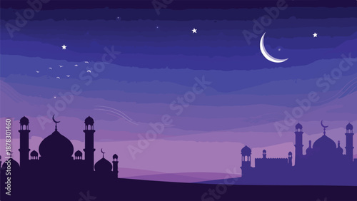 A serene night sky with crescent moon and mosque silhouettes