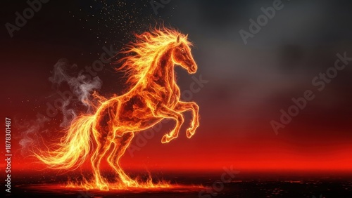 A fiery horse with a fiery mane and tail, running on a dark, fiery background with a red and black sky.