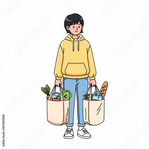 Cheerful individual carries reusable grocery bags, advocating sustainable shopping and healthy lifestyle choices