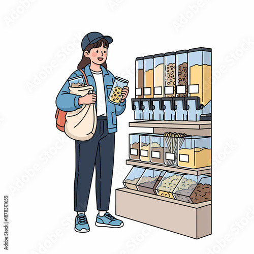 Zero Waste Lifestyle Woman Shopping at Bulk Food Store for Sustainable Groceries