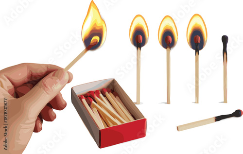 Burning matchstick stages showing ignition to burnout, human hand holding lit match, fire process isolated on white background