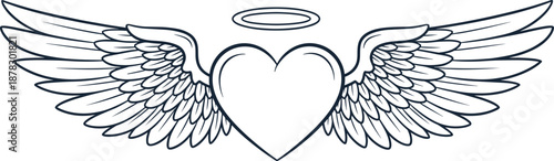 Minimalist heart with angel wings and halo line art illustration symbolizing love, purity, protection, and remembrance — perfect for tattoos, logos, or spiritual designs.