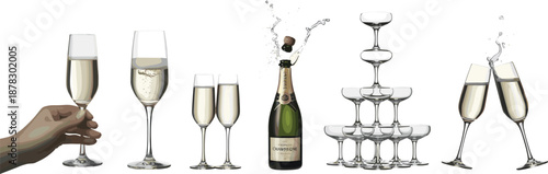 Champagne celebration collection with glasses bottle splash toast pyramid luxury sparkling wine party concept isolated on white background