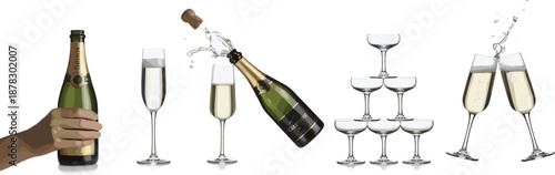 Champagne celebration collection with glasses bottle splash toast pyramid luxury sparkling wine party concept isolated on white background