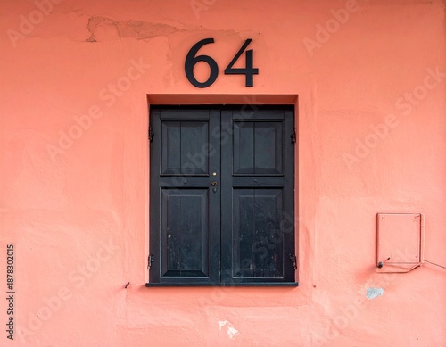 Wallpaper Mural House Number 64 Above Black Shutters on Coral Wall Torontodigital.ca