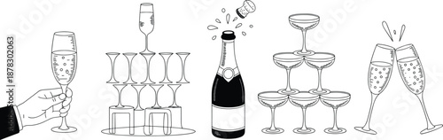 Champagne celebration collection with glasses bottle splash toast pyramid luxury sparkling wine party concept isolated on white background
