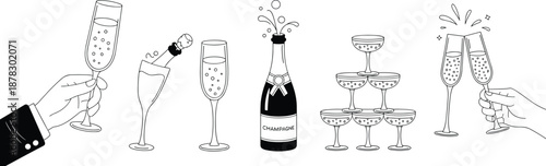Champagne celebration collection with glasses bottle splash toast pyramid luxury sparkling wine party concept isolated on white background