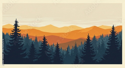 A serene mountain landscape with pine trees at sunset