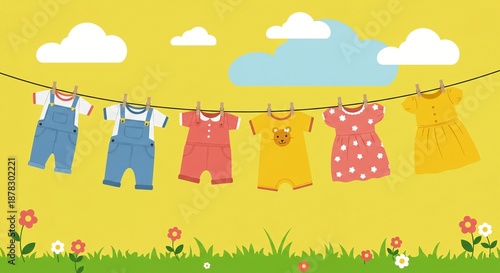 A colorful illustration of baby clothes hanging on a clothesline in a sunny meadow with flowers