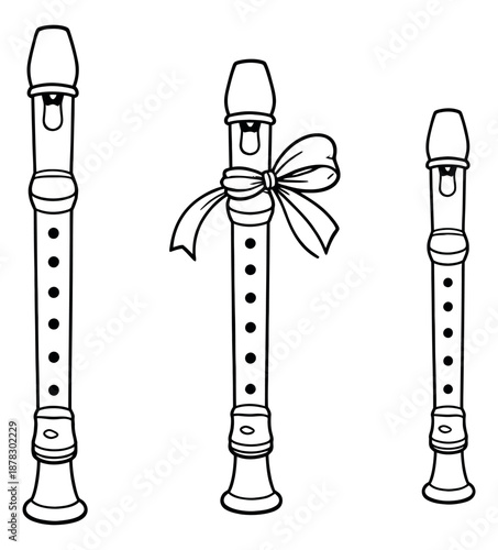 Hand drawn recorder instrument set featuring variations with and without a decorative bow for musical themes