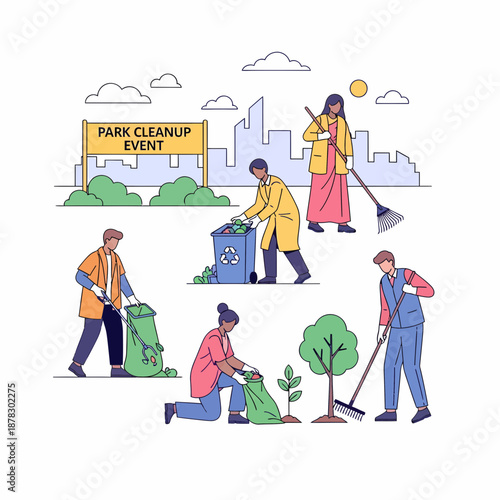 Community volunteers actively participate in a park cleanup event, fostering environmental sustainability and teamwork