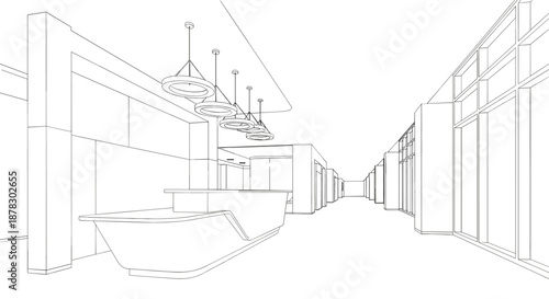 Modern minimalist reception area line art illustration featuring a sleek desk pendant lighting and long commercial building hallway