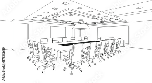 Modern corporate boardroom conference room interior line art vector illustration with long table and many executive chairs