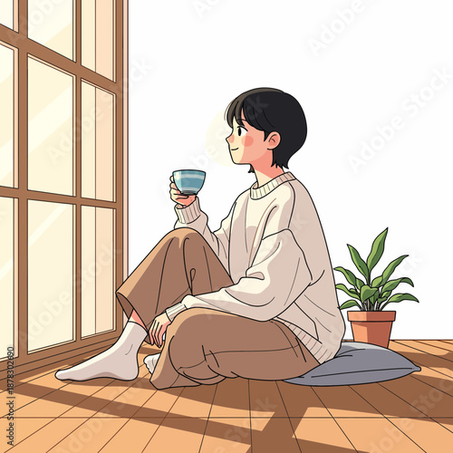 Serene morning contemplation a person unwinds with a warm beverage, observing the world from home