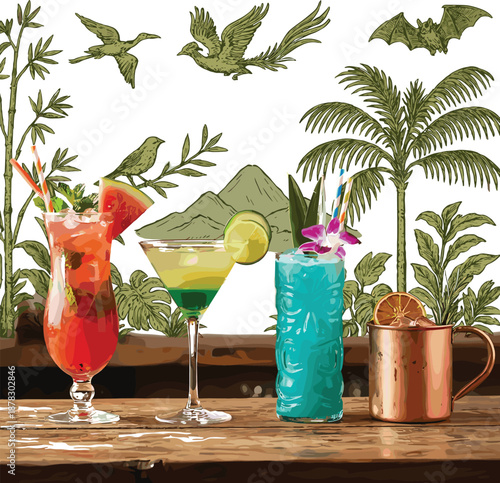 Colorful tropical cocktails lineup on wooden bar with exotic garnishes, vibrant drinks summer party bar concept background decor nightlife refreshment