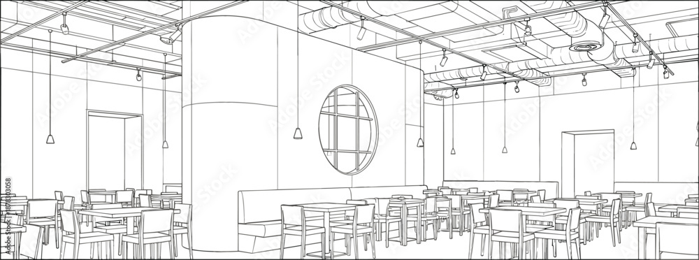 Fototapeta premium Modern restaurant cafeteria interior line art vector illustration with industrial ceiling circular window and many tables and chairs