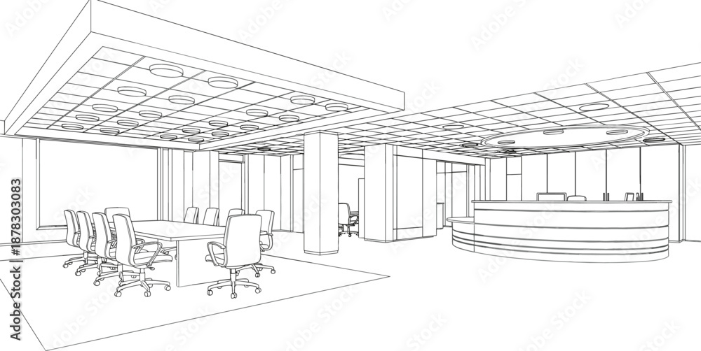 Fototapeta premium Modern commercial office interior line art vector illustration with formal conference meeting room and curved reception desk