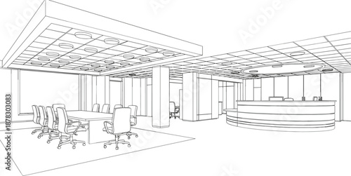 Modern commercial office interior line art vector illustration with formal conference meeting room and curved reception desk
