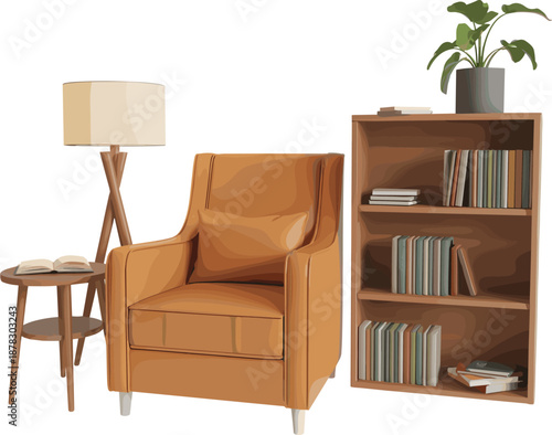 Cozy modern reading nook with orange armchair wooden bookshelf floor lamp side table books minimal interior decor home comfort lifestyle