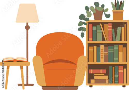 Cozy modern reading nook with orange armchair wooden bookshelf floor lamp side table books minimal interior decor home comfort lifestyle