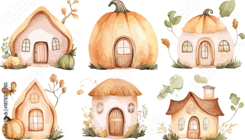 Set of vector illustrations of small wooden gingerbread houses and winter cottages with sweet holiday decorations isolated on white