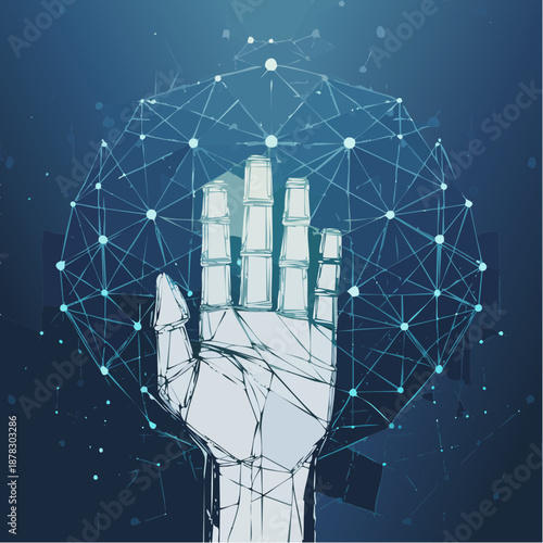Futuristic artificial intelligence hand interacting with a global data network.