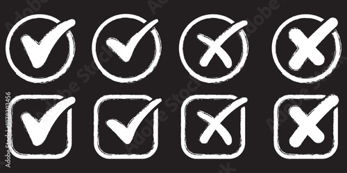 Check mark icons set. Green brush stroke check mark, tick symbols, checklist signs. Grunge brush stroke signs. Grunge checkmark design. Dirty grunge stroke checkmark sign vector illustration Handdrawn