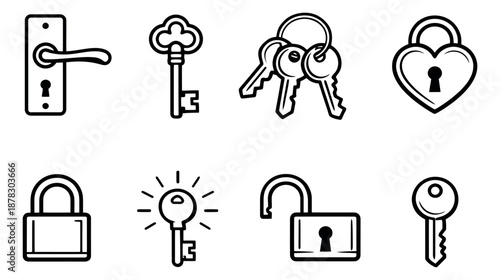 Line art keys and locks icon set featuring door handles, padlocks, and various keys for security and access