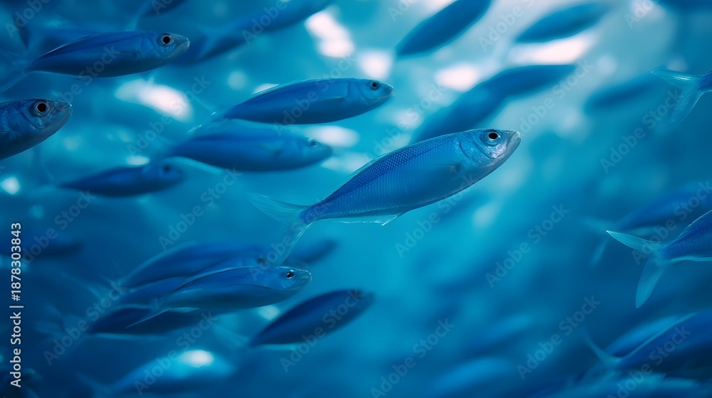 Obraz premium A vibrant school of blue fish swims in clear sunlit ocean water creating a mesmerizing underwater scene