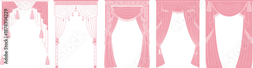 Elegant vintage curtains set with drapery valances tassels, classic window decor illustration, luxury interior textile design collection vector line art