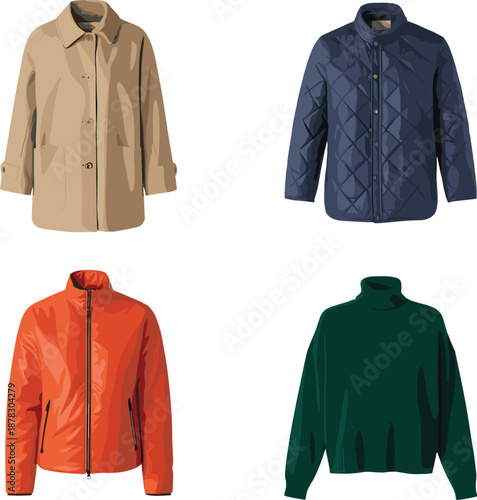 Four stylish winter clothing items isolated, beige coat, blue quilted jacket, orange puffer jacket, green turtleneck sweater on white background