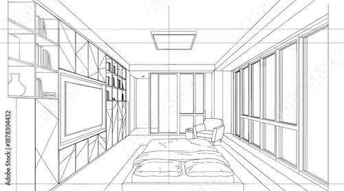Modern bedroom interior line art vector illustration with bed large window armchair and decorative geometric shelving wall