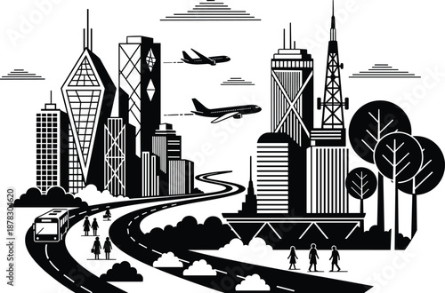Modern futuristic cityscape with skyscrapers, airplanes, pedestrians, and public transport on winding roads, blending architecture, urban planning, and nature in black-and-white vector style.