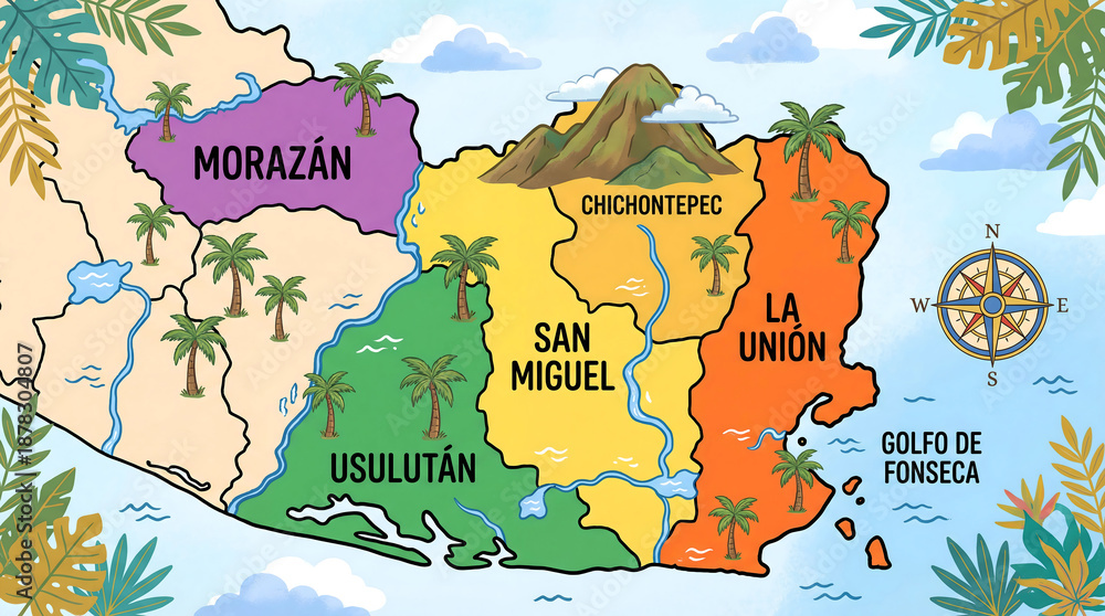 Naklejka premium Colorful Illustrated Map of El Salvador Regional Departments