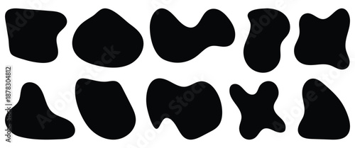 Abstract organic blob shapes set. Fluid wavy round forms and soft liquid doodle elements. Black irregular blob pattern white texture blobs.