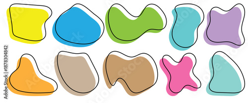 Abstract organic shapes. Liquid blobs in various neon colors. Organic amoeba blob shape abstract pastel color with line vector illustration isolated on white background.