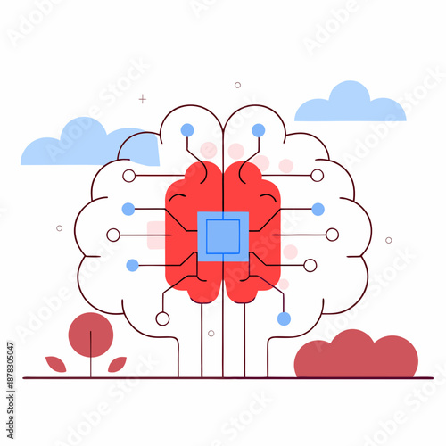 Illustration of brain with clouds and connections