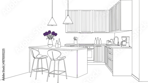 Modern kitchen interior line art vector illustration featuring breakfast bar stools cabinets flowers and appliances in minimalist style