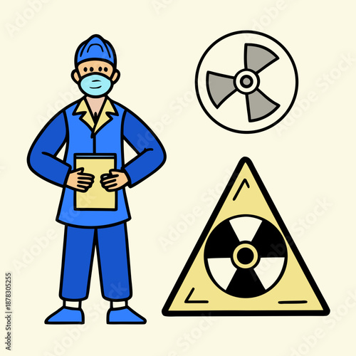 Worker with radiation safety symbols