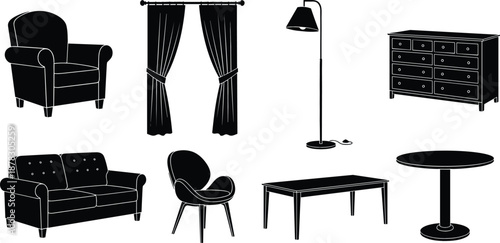 Set of modern home interior furniture icons including sofa armchair lamp curtains table and chest of drawers silhouettes