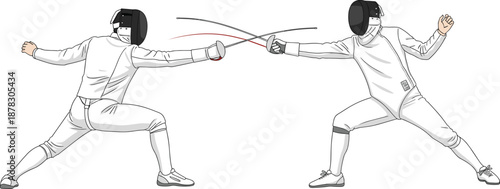 Minimalist vector illustration of two professional fencers in white protective gear engaged in a competitive duel with foils isolated on a clean white background
