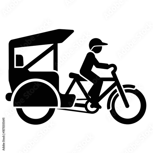 Minimal black and white silhouette icon of a traditional becak rickshaw, flat vector transportation symbol representing local culture on a clean white background.
