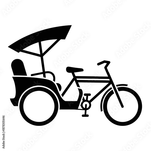 Minimal black and white silhouette icon of a traditional becak rickshaw, flat vector transportation symbol representing local culture on a clean white background.