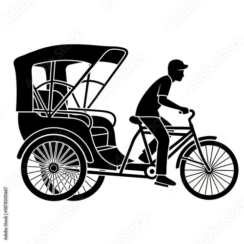 Minimal black and white silhouette icon of a traditional becak rickshaw, flat vector transportation symbol representing local culture on a clean white background.