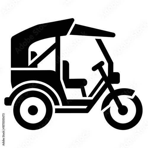 Minimal black and white silhouette icon of a traditional becak rickshaw, flat vector transportation symbol representing local culture on a clean white background.